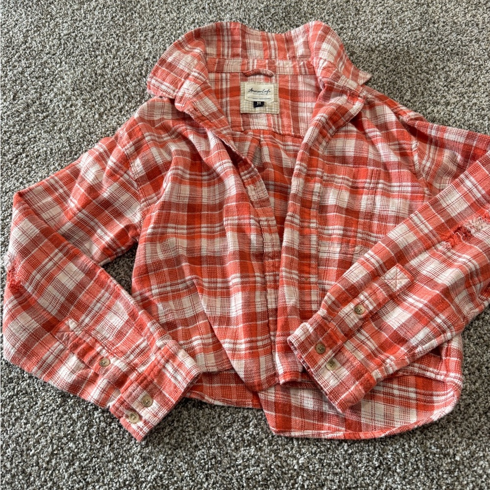 American Eagle Outfitters Red and White Plaid Shirt